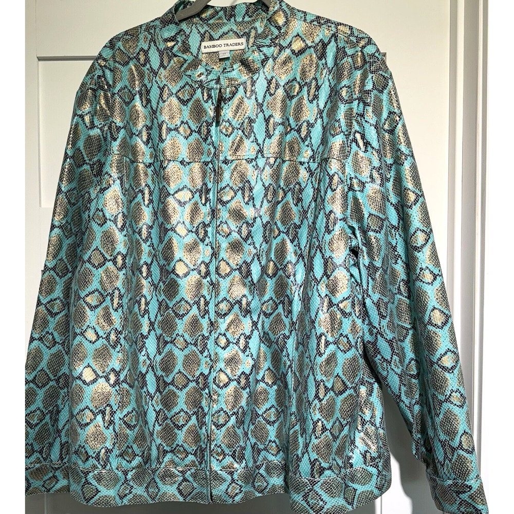 BAMBOO TRADERS Women's Jacket Turquoise Gold Black Snake Print Size 3X